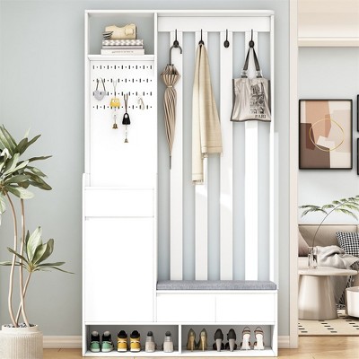 Entryway Hall Tree, 6-in-1 Design Coat Rack With Pegboard, Storage Cabinet, 4 Coat Hooks, 3 Drawers, Upholstered Bench, Freestanding Coat Rack