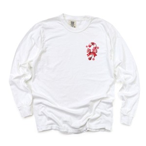 Candy Cane Bow Patchwork Print - Women's Garment Dyed Long Sleeve Graphic T-Shirt - 1 of 3