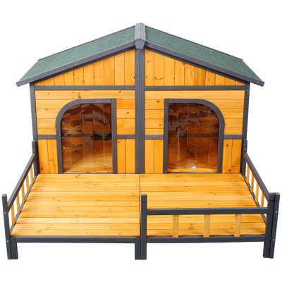 Wooden Dog House Outdoor Indoor, Double Dog Kennel Pet House with Window, Weatherproof Dog Houses with Porch, Double Room, Openable Asphalt Roof