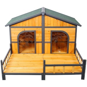 Wooden Dog House Outdoor Indoor, Double Dog Kennel Pet House with Window, Weatherproof Dog Houses with Porch, Double Room, Openable Asphalt Roof - 1 of 4
