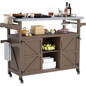 Outdoor Grill Cart with Storage Cabinet, Wood Outdoor Kitchen Island on Wheels, with Stainless Steel Table Top, Spice Rack, Lockable Wheels - 1 of 4