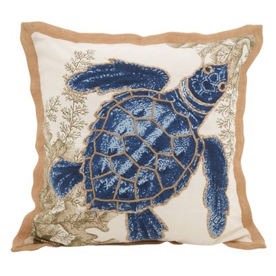 Blue Sea Turtle Cotton Square Throw Pillow with Fringed Borders
