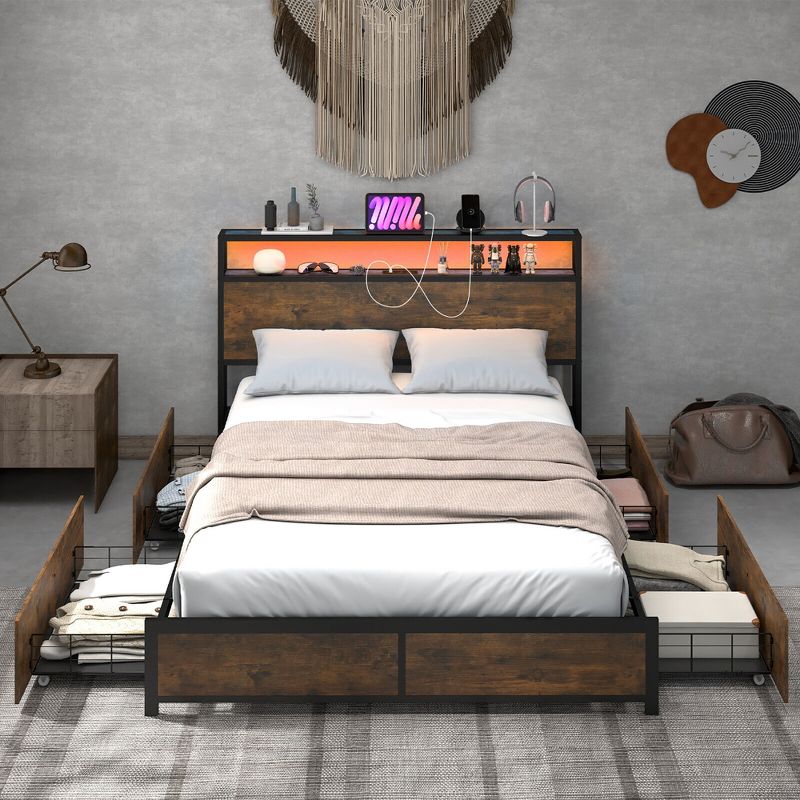 Tangkula Full/Queen Industrial Platform Bed Frame with Storage Drawers & LED Lights Headboard, 3 of 11