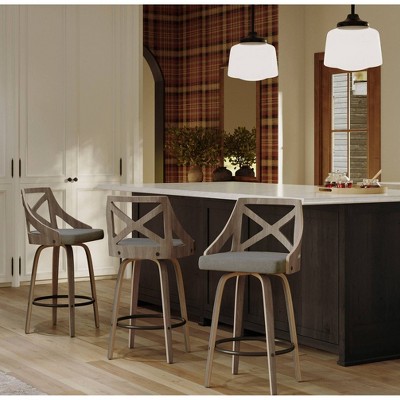 Charlotte 26" Light Grey Fabric and White Washed Wood Swivel Counter Stools