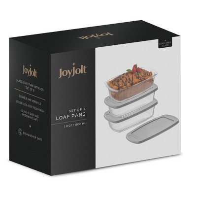 JoyJolt 3-Piece Glass Loaf Pan Set with Gray Lids