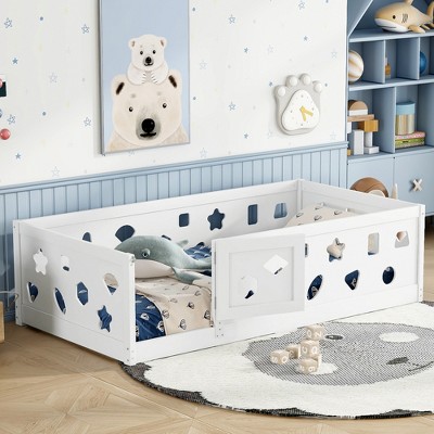 Floor Bed with Heightened Safety Guardrails and Door, Solid Wood Bedframe with Rails for Girls