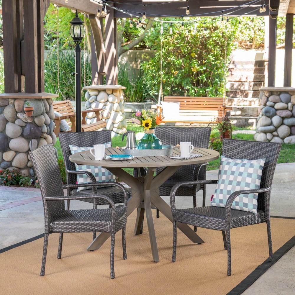 Photos - Dining Table Avoca 5pc Acacia Wood and Wicker Dining Set: Christopher Knight Home Weather-Resistant Patio Set