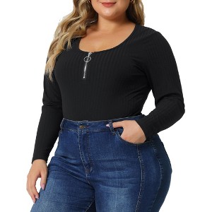 Agnes Orinda Women's Plus Size Zipper Deep Scoop Neck Long Sleeve Tops Adult Bodysuit - 1 of 4