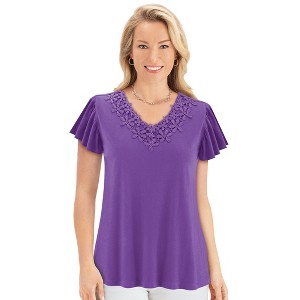 Collections Etc Floral Lace V-Neck Short Flutter Sleeve Top - 1 of 4