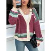 Imily Bela Womens Button Up Striped Cardigan Oversized V Neck Puff Sleeve Color Block Knit Coat - 2 of 4