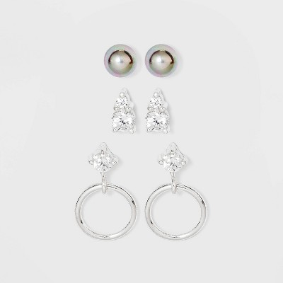 Sterling Silver with Cubic Zirconia Glass Pearl Stud Earring Set 3pc - A New Day™ Silver