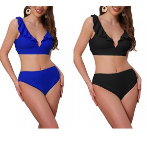INSPIRE CHIC Women's Ruffle Trim V Neck Wide Strap Drawstring Tie Back Top Triangle Bottom Bikini Sets 2 Sets - 1 of 4