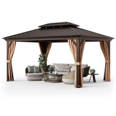 Tangkula 12' x 16' Double-Roof Hardtop Gazebo with Galvanized Steel Roof Netting Outdoor