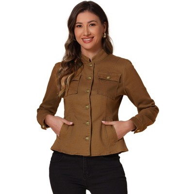 INSPIRE CHIC Women's Button Front Stand Collar Long Sleeve Jean Jackets with Pockets