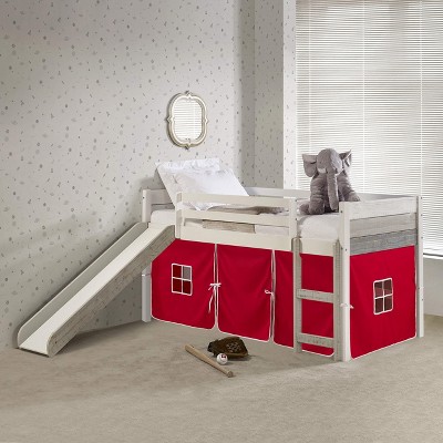 Donco Kids Panel Twin Rustic White & Grey Low Loft With Slide & Red Tent