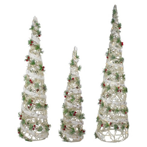 Northlight Set of 3 Lighted White Berry and Pine Needle Cone Tree Christmas  Decorations