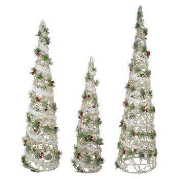 Northlight Set of 3 Lighted White Berry and Pine Needle Cone Tree Christmas Decorations