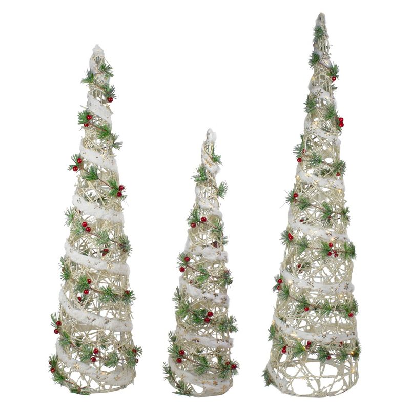 Northlight Set of 3 Lighted White Berry and Pine Needle Cone Tree Christmas Decorations, 1 of 4