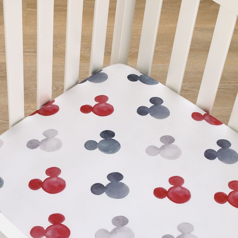 Disney Mickey Mouse - Black, White, Gray and Red Watercolor Mickey Ears Nursery Fitted Mini Crib Sheet, 3 of 6