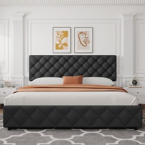 King Size Platform Bed Frame with Adjustable Headboard and 4 Drawers, Modern Grey Upholstered Bed Frame with Footboard, Wooden Slats Support - 1 of 4
