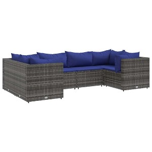 vidaXL Patio Lounge Set with Cushions Sectional Sofa Garden Backyard Poly Rattan - Gray and Blue 4x Corner + 2x Middle - 1 of 4