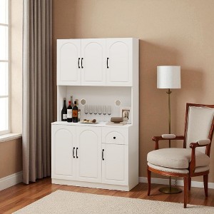 71" Tall Kitchen Pantry Cabinet with Microwave Countertop, Freestanding Hutch Storage Cabinet with 6 Doors, Drawer & Adjustable Shelves - 1 of 4