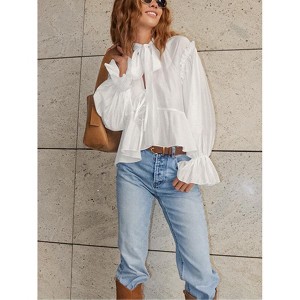 Women's Shirt Tie Neck Ruffled Long Sleeve Blouse - 1 of 3