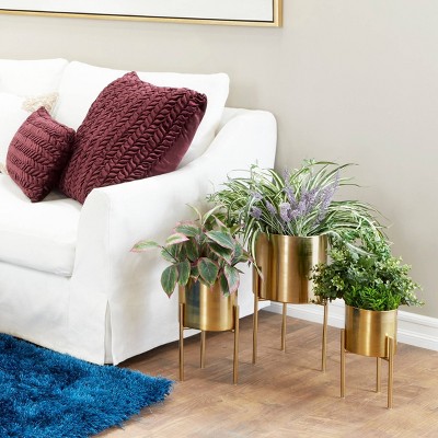 Set of 3 Gold Metal Planters with Stands - 18", 14", 12"H