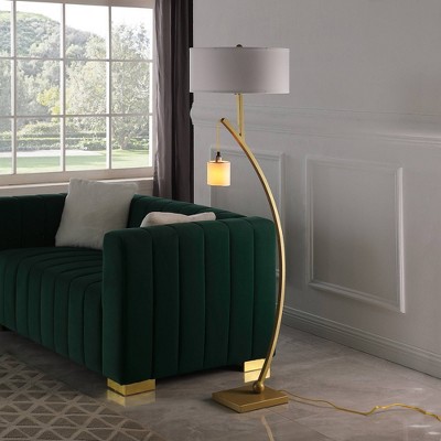 59" Gold Arc Floor Lamp with Dual Drum Shades