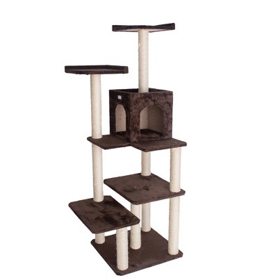 66-Inch Coffee Brown Faux Fur Multi-Level Cat Tree with Sisal Posts