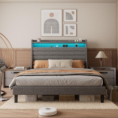Platform Bed Frame, Upholstered Linen Headboard with Storage, Charging Station & LED Lights, Wood Slat Support, No Box Spring