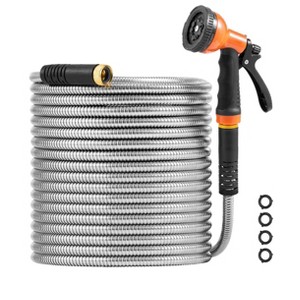 VEVOR Metal Garden Hose 100 ft, Rust Proof Stainless Steel Water Hose, Heavy Duty Backyard Hose with 10 Function Nozzle, Silver - 1 of 4