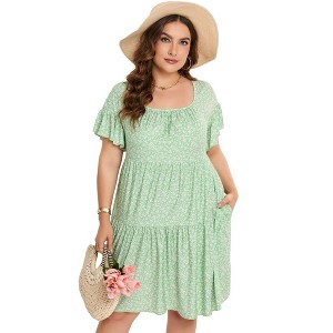 Womens Plus Size Dress Ruffle Sleeve Flowy Dress with Pockets - 1 of 1