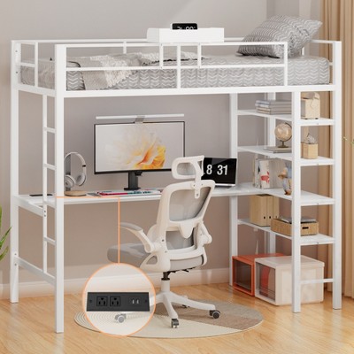 Finnhomy Loft Bed Twin Size with L Desk/ 4-Tier Storage Shelves, Loft Twin Bed Frames with 2 Entry Stairs/Power Outlet/Tray