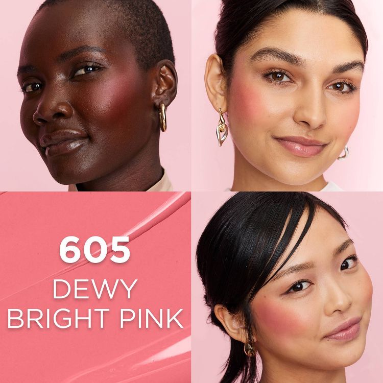 Three women wearing dewy bright pink colored blush with the text "605 DEWY BRIGHT PINK" displayed.