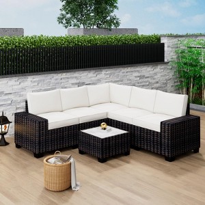 6-Piece PE Rattan Wicker Patio Furniture Set with Sectional Sofa, Coffee Table, and Thickened Cushions - 1 of 4