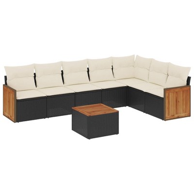 vidaXL 7 Piece Patio Sofa Set with Cushions Black Poly Rattan - Black and Cream With Table