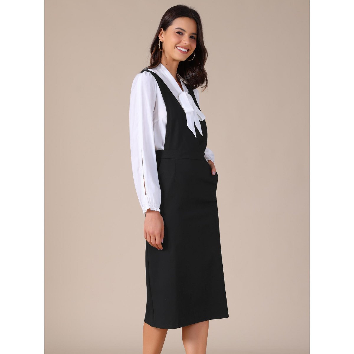 Женские платья INSPIRE CHIC Women's Pinafore Stretchy Sleeveless V Neck A-Line Jumper Dresses with Pockets X-Small Black — фото 3
