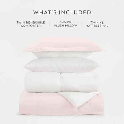 Becky Cameron Dorm Room College Essentials Bedding Bundle with Reversible Comforter, Mattress Pad & Pillows, Twin XL - Becky Cameron - Blush — фото 3