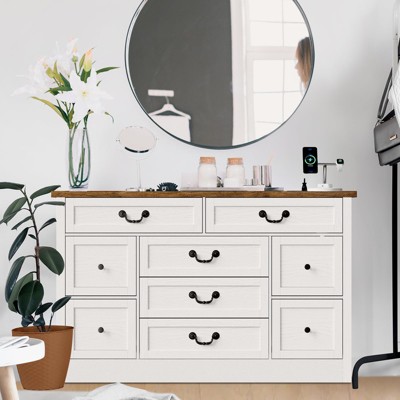 Farmhouse 9-Drawer Dresser with Charging Station, 54" Wide Vintage Wood Chest, Metal Handles, for Bedroom, Living Room, Hallway ¨C TV Stand