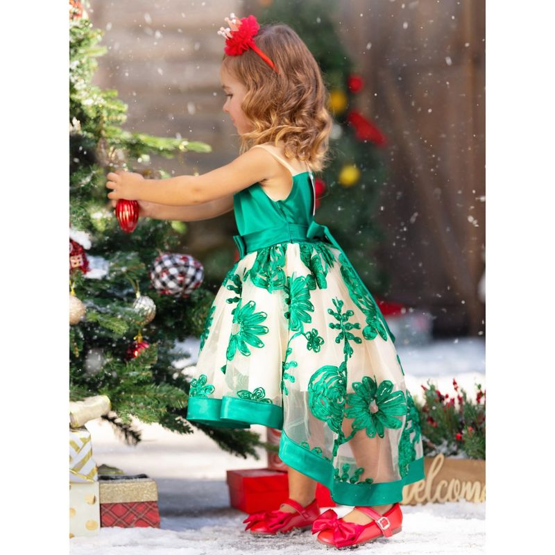 Girls Sheer Collar Green Embroidered Hi-Lo Dress - Mia Belle Girls, 5 of 8