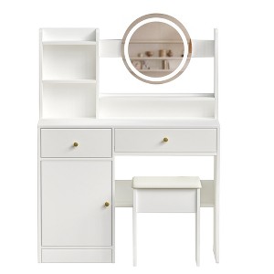 CLIHOME Modern Vanity Desk with Mirror and Cushioned Chair, Vanity Tables with 3 Color Lighting Brightness Adjustable - 1 of 4