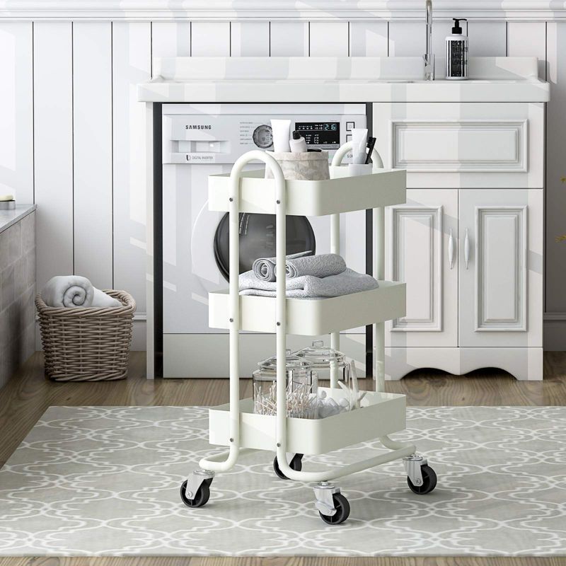 SKONYON 3 Tier Rolling Cart Utility Cart with Lockable Wheels Rolling Metal Storage Easy Move White, 5 of 12