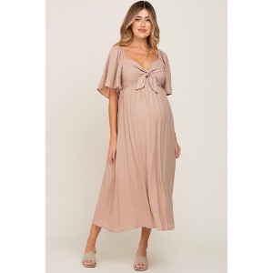 Pinkblush Mocha Front Tie Ruffle Sleeve Maternity Midi Dress - 1 of 4