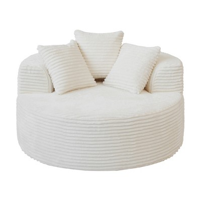 WJSHome Oversized Round Chair Lounge Chaise Indoor,Upholstered Corduroy Deep Seat Sofa With 3 Pillows,Comfy Sleeper Boneless Couch,Beige