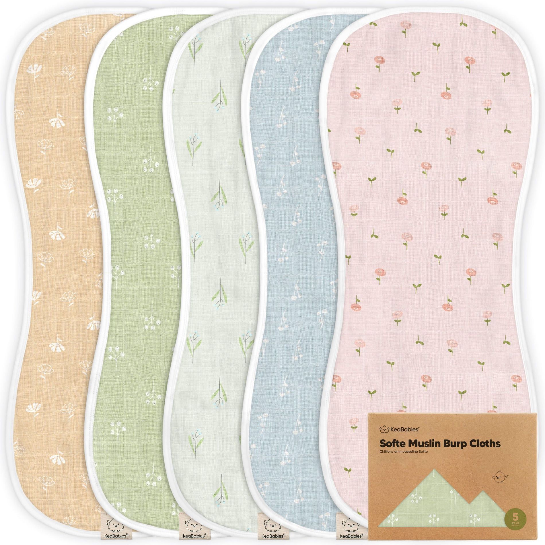 KeaBabies 5pk Organic Softe Muslin Burp Cloths for Baby Girls and Boys, Large Absorbent Burping Cloths for Babies, Baby Burp Clothes (Wild Bloom)