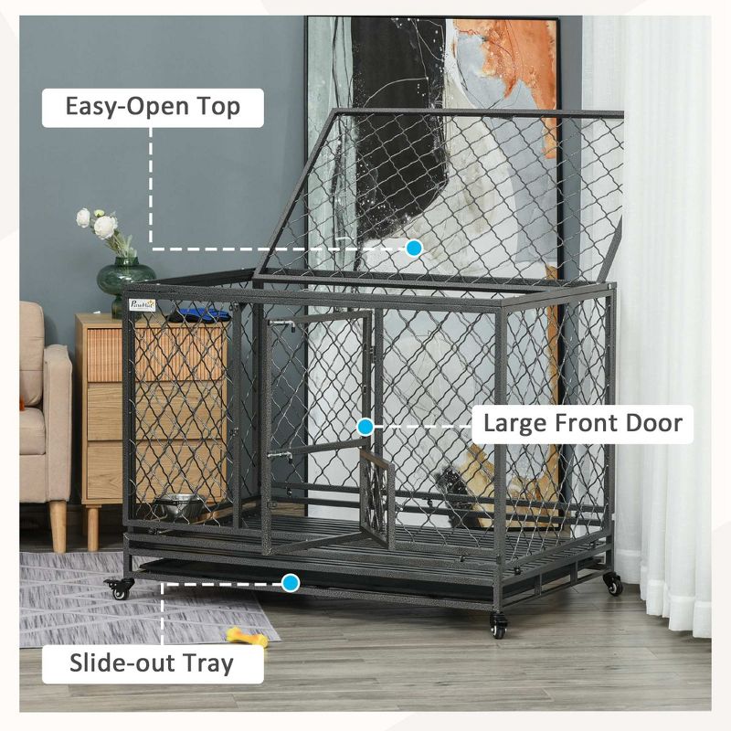 PawHut 50" Heavy Duty Dog Crate Metal Kennel and Cage Dog Playpen with Lockable Wheels, Slide-out Tray, Food Bowl and Double Doors, 6 of 8