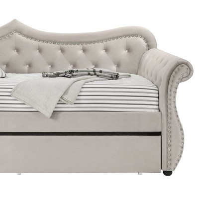 Beige Twin Upholstered Sleigh Daybed with Trundle and Nailhead Trim