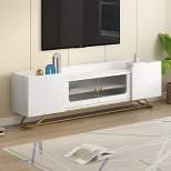 Stylish Design TV Stand for TVs up to 65" with Fluted Glass, Cultured Marble Top and Gold Framed Base - ModernLuxe