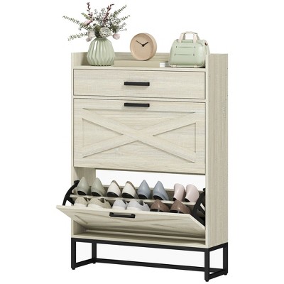 Munora Slim Shoe Organizer Cabinet with 2 Flip Drawers for 12 Pairs, Adjustable Shelves & Farmhouse Style, Distressed White